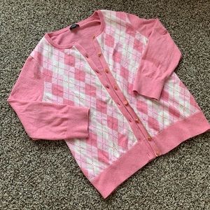 Pink, gold, and white plaid cardigan